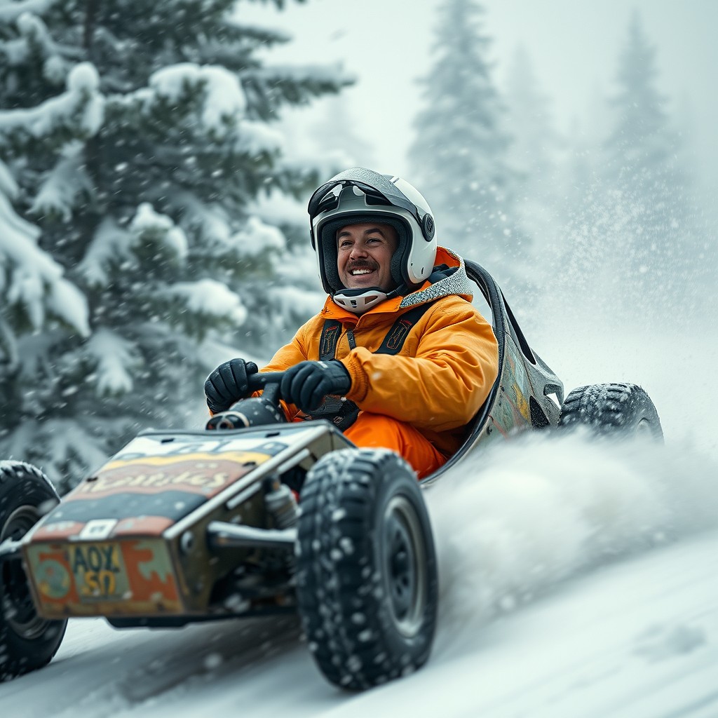 A wide cinematic profile shot of a goofy stuntman in a broken stunt car, driving down a dangerously steep hill in the midst of a snowstorm