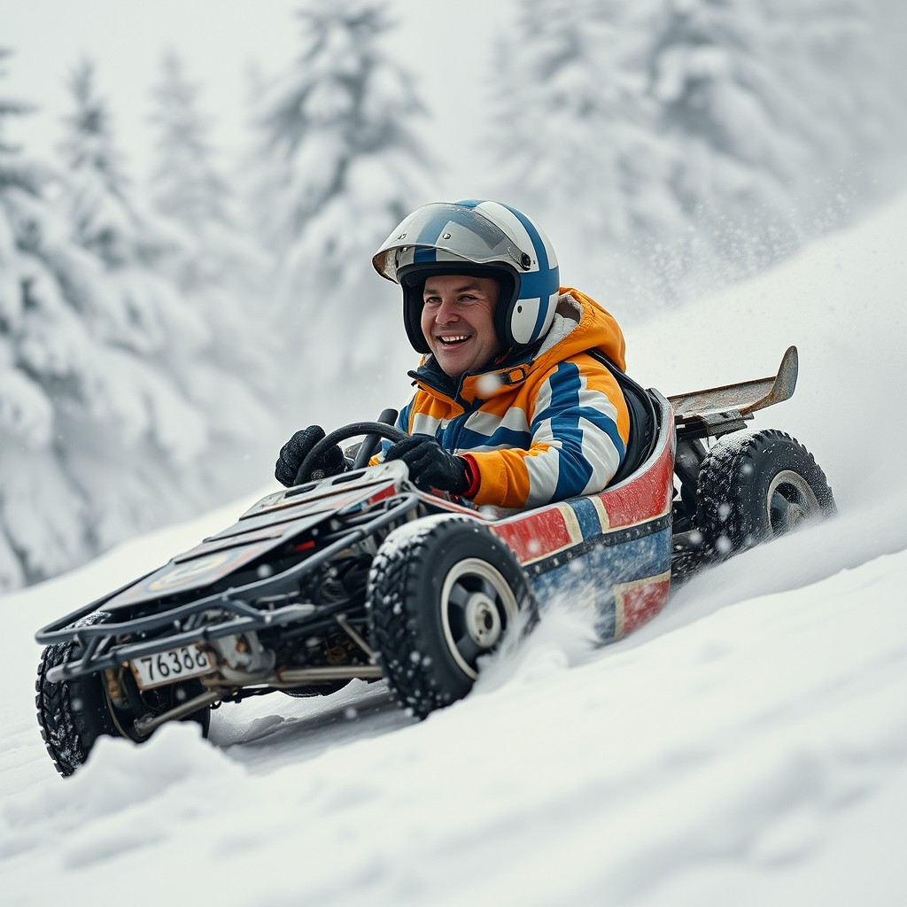 A wide cinematic profile shot of a funny Finnish stuntman in a broken stunt car, racing down a dangerously steep hill amidst a snowstorm
