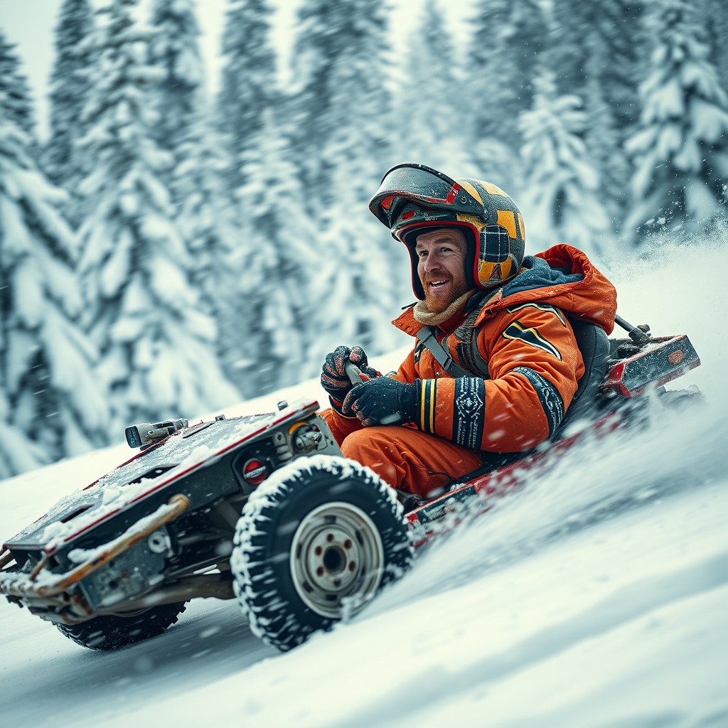 A wide cinematic profile shot of a clumsy typical Finnish stuntman in a broken stunt car, driving down a dangerously steep hill during a snowstorm