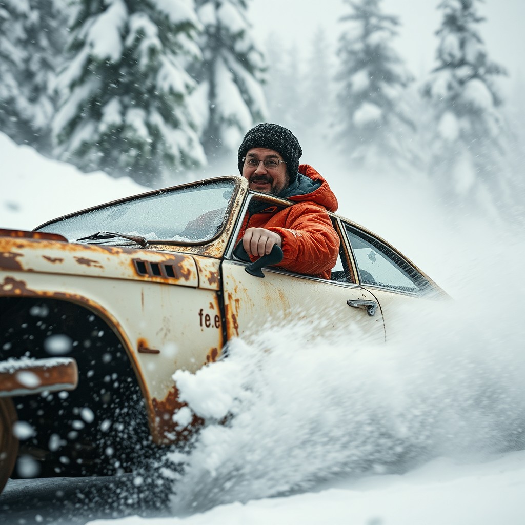 A wide cinematic profile shot of a clumsy typical Finnish stuntman in a rusty, old stunt car, careening down a dangerously steep hill during a snowstorm