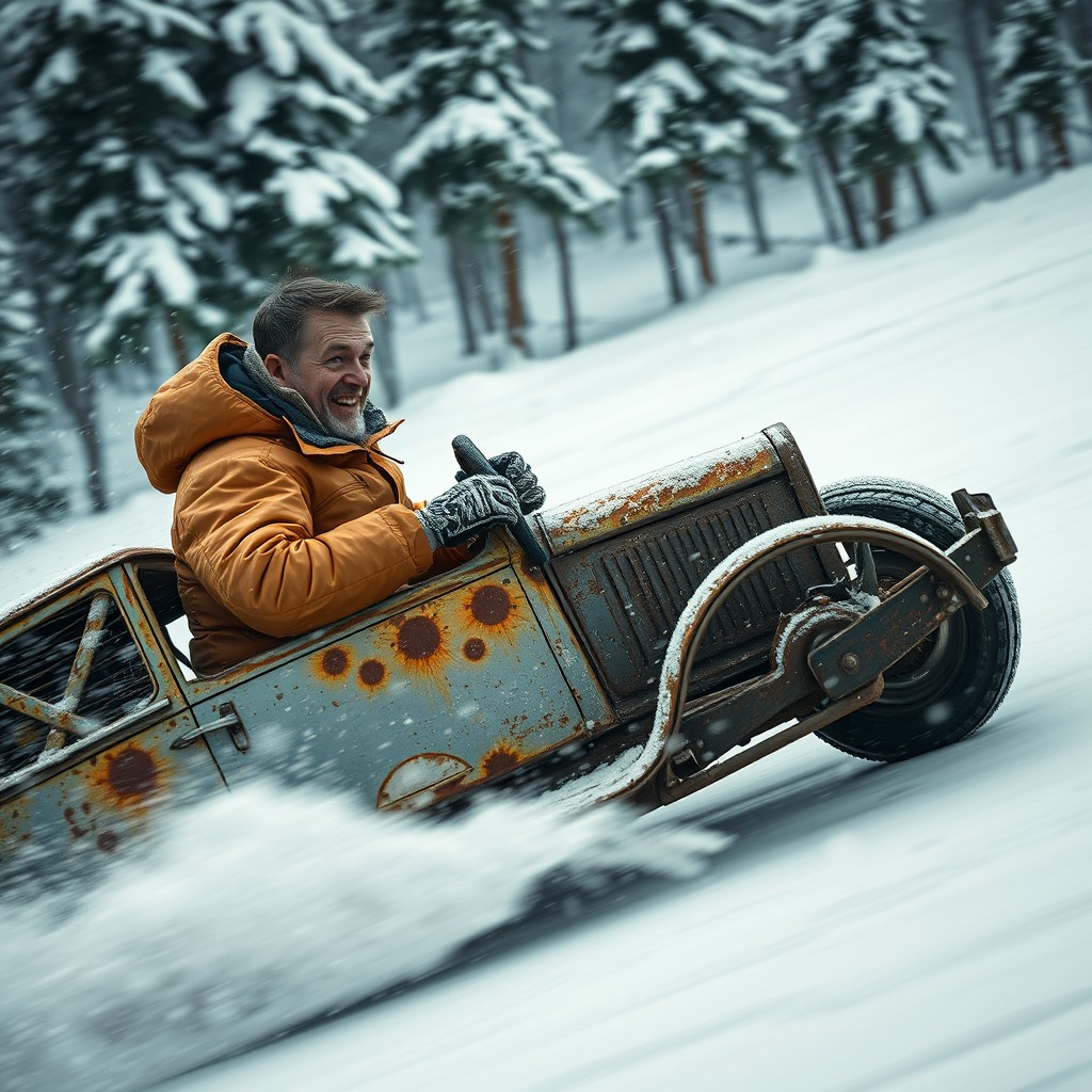 A wide cinematic profile shot of a clumsy typical Finnish stuntman in a rusty, old stunt car, careening down a dangerously steep hill in the midst of a snowstorm