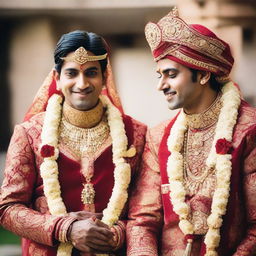 A traditional Hindu couple in resplendent wedding attire ready for marriage, the bride in a red lehenga, adorned with gold jewellery, and the groom in a Sherwani holding garlands.