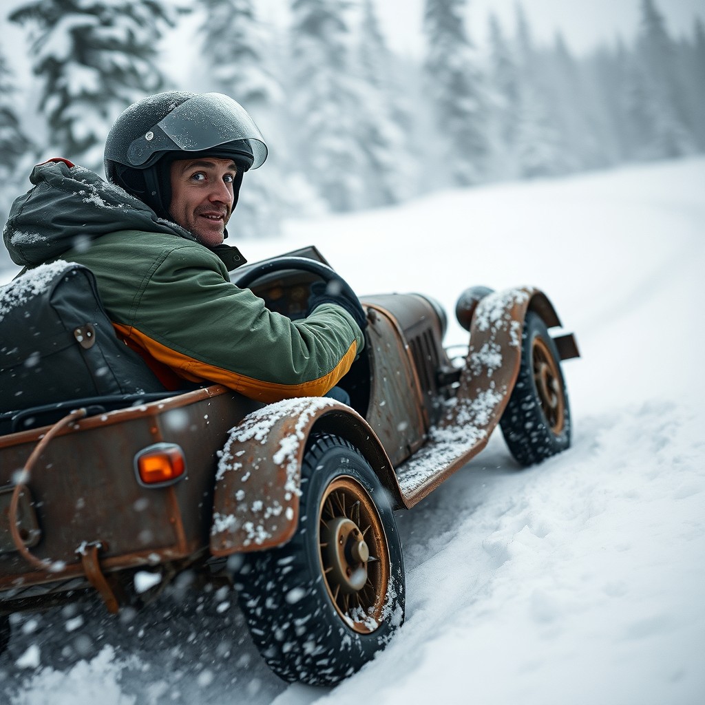 A wide cinematic profile shot of a clumsy typical Finnish stuntman wearing a helmet, navigating a rusty, old stunt car as it drives down a dangerously steep hill amidst a snowstorm