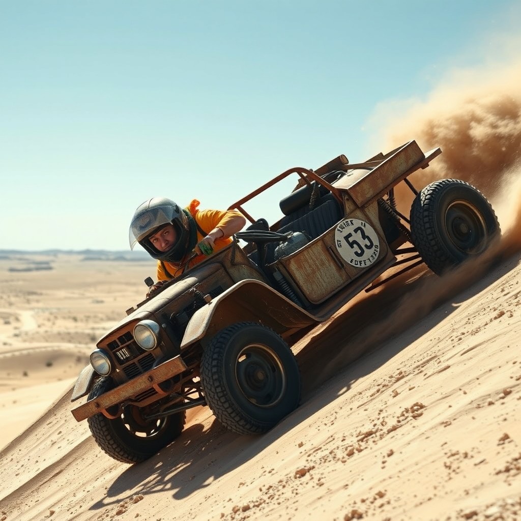 A wide cinematic profile shot of a clumsy typical Finnish stuntman wearing a helmet, driving a rusty, old stunt car down a dangerously steep hill in a desert landscape