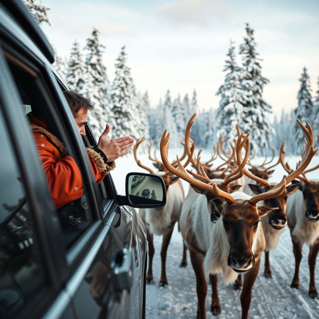 A vivid scene capturing an angry man inside a car, frantically honking the horn at a pack of reindeer stubbornly blocking the road in the scenic, wintry landscape of Lapland