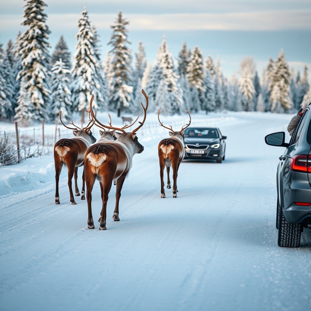 A captivating scene depicting a pack of reindeer gracefully moving away from a snowy road to allow a car to pass
