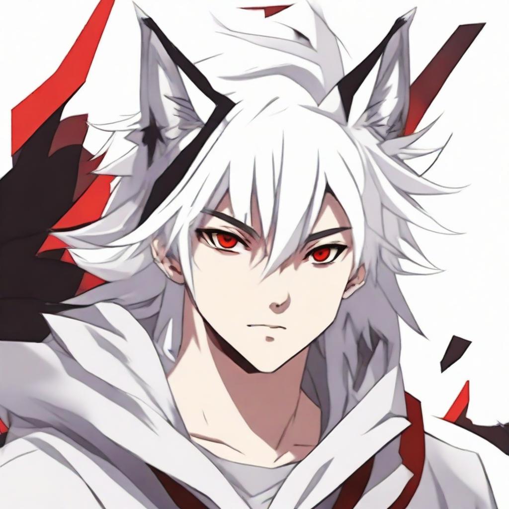 Refined image of an anime-style 16/17 year old boy with half black, half white hair, one red eye and one white eye, with distinctive wolf ears