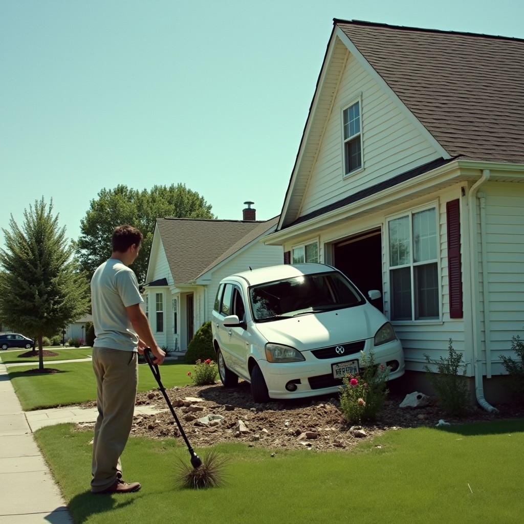 A cinematic shot capturing a dramatic scene of a car that has crashed through the roof of a typical suburban house, with debris scattered around