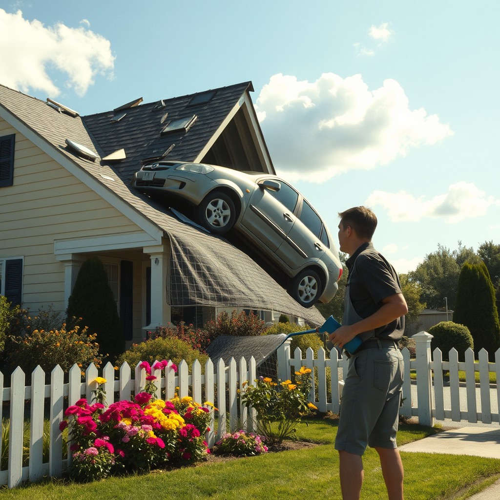 A cinematic shot showcasing an extraordinary scene of a car dramatically lodged through the roof of a typical suburban house, with pieces of the roof and shingles scattered around