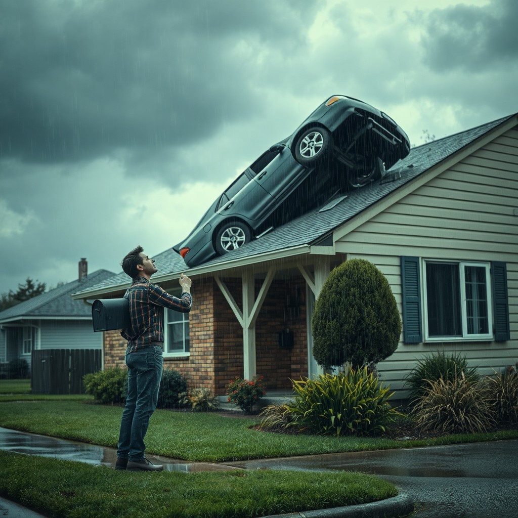 A cinematic shot depicting a dramatic scene of a car having crashed through the roof of a typical suburban house on a rainy day, with raindrops visibly falling and collecting on surfaces