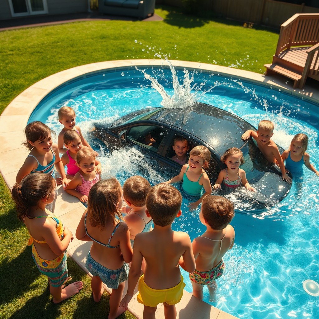 A cinematic shot depicting a surprising scene with a car submerged in a residential swimming pool, creating a splash and bubbles around it