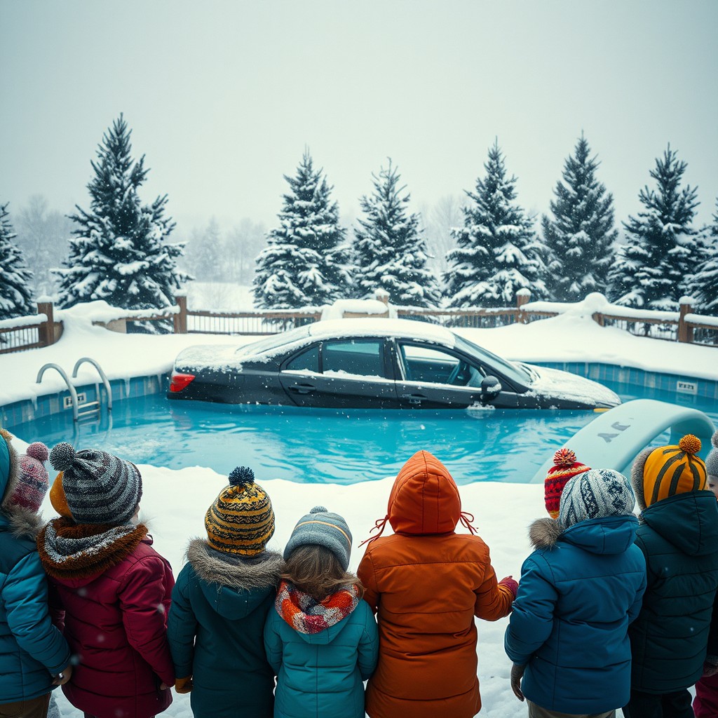 A cinematic shot capturing a surreal scene of a car partially submerged in a wintery swimming pool, surrounded by a blanket of snow, with icicles hanging from the edges
