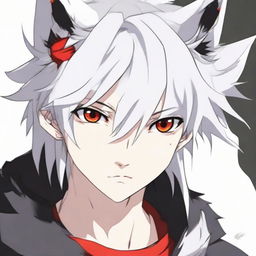 Refined image of an anime-style 16/17 year old boy with half black, half white hair, one red eye and one white eye, with distinctive wolf ears