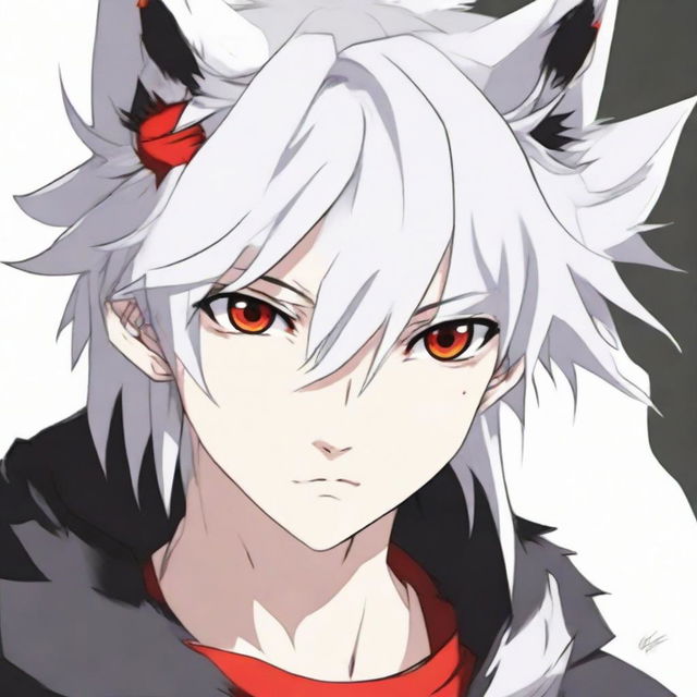 Refined image of an anime-style 16/17 year old boy with half black, half white hair, one red eye and one white eye, with distinctive wolf ears