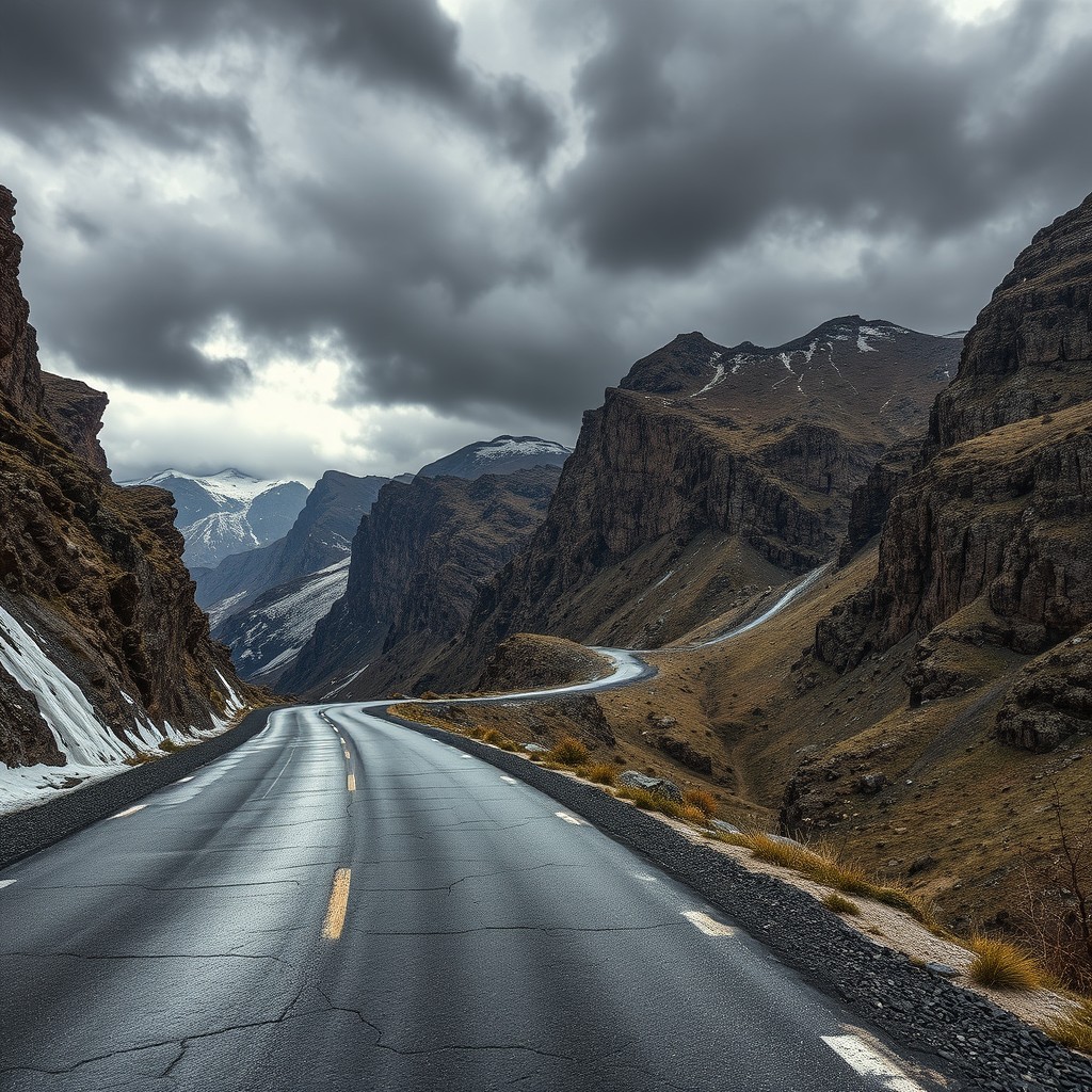 An extremely dangerous looking road winding through a treacherous landscape, featuring steep cliffs on one side and sharp drop-offs on the other
