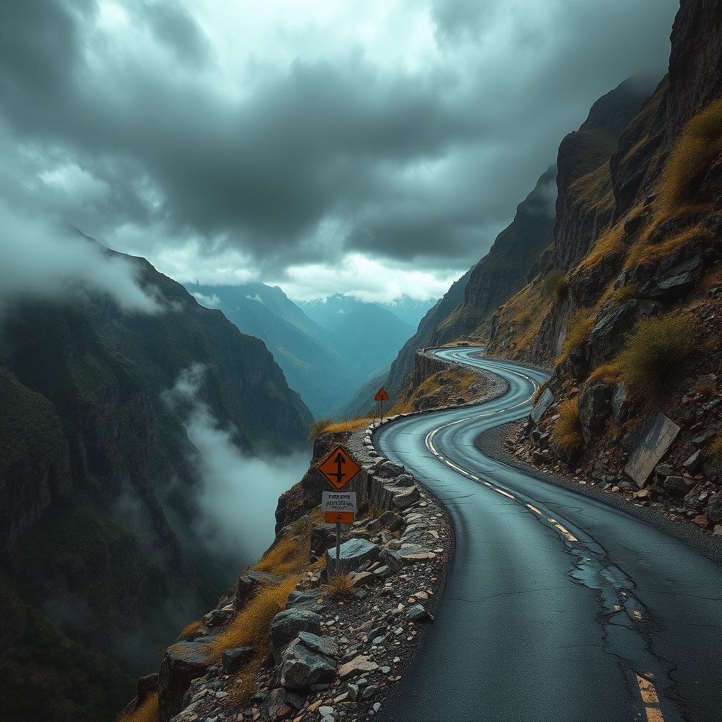 An extremely dangerous looking road winding precariously through a rugged and treacherous mountainous landscape