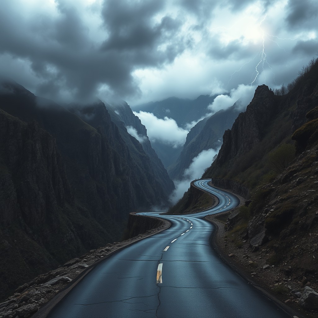 An extremely dangerous looking road twisting through a dramatic and treacherous landscape, featuring steep cliffs that drop off into a deep, fog-filled valley
