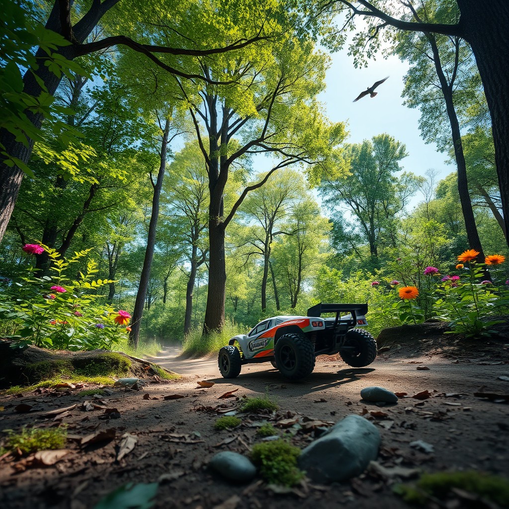 An exciting adventure of a remote control car racing through a vibrant, lush forest