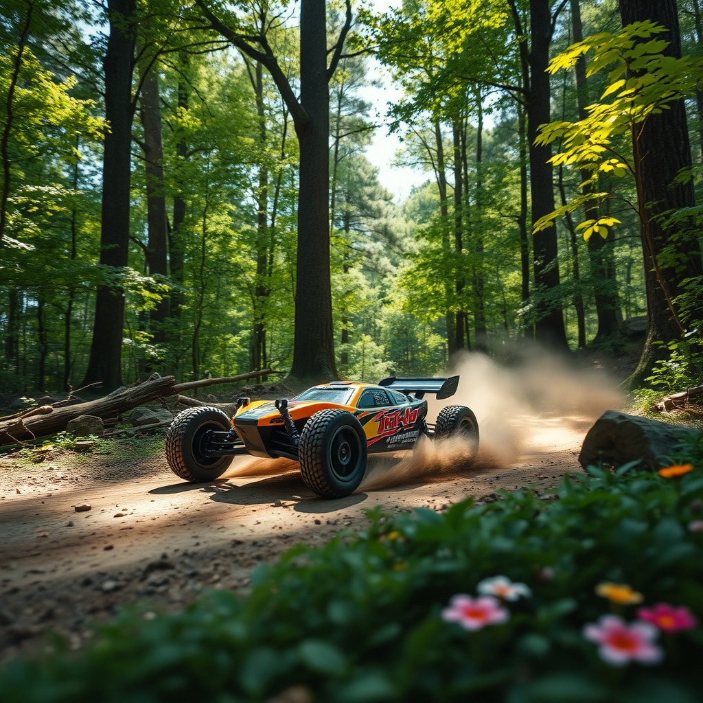 An adventurous scene showcasing a remote control car racing through a lush forest