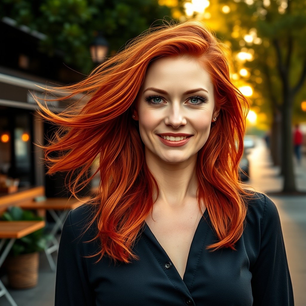 A stunning woman with vibrant red hair, aged 30 or older, displaying confidence and grace