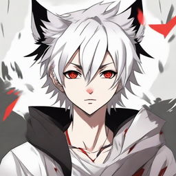 Refined image of an anime-style 16/17 year old boy with half black, half white hair, one red eye and one white eye, with distinctive wolf ears