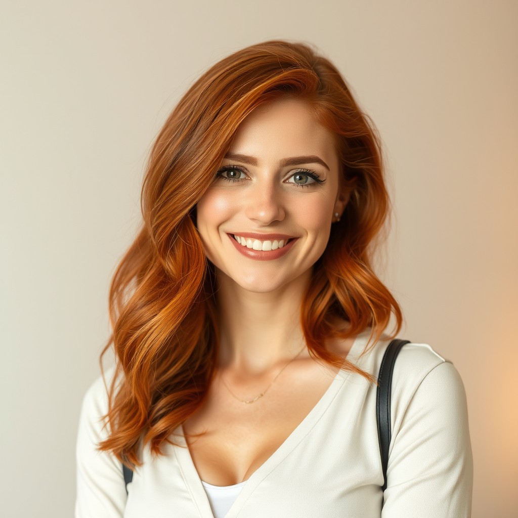 A 35-year-old woman with striking red hair and European features