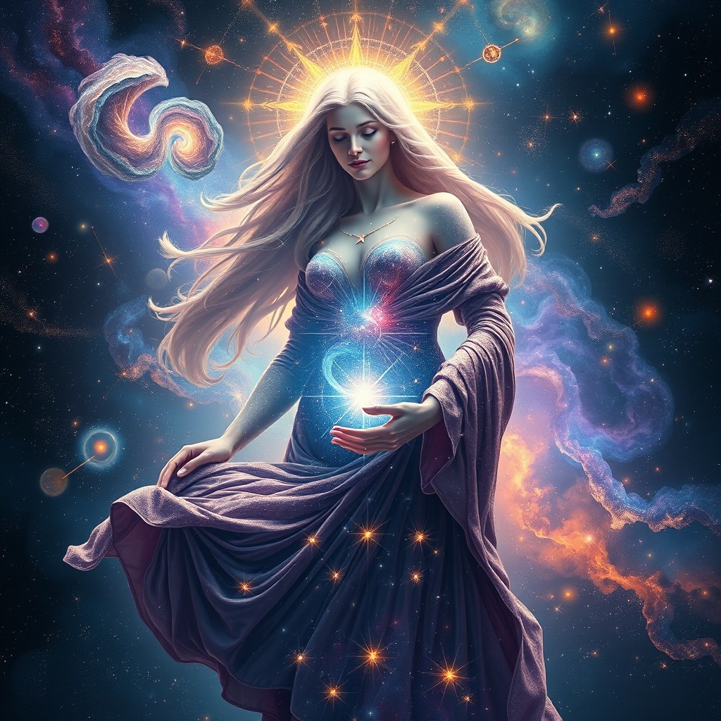 A cosmic mother figure radiating ethereal light, deeply connected to the universe, as she gracefully gives birth to stars, galaxies, and celestial bodies