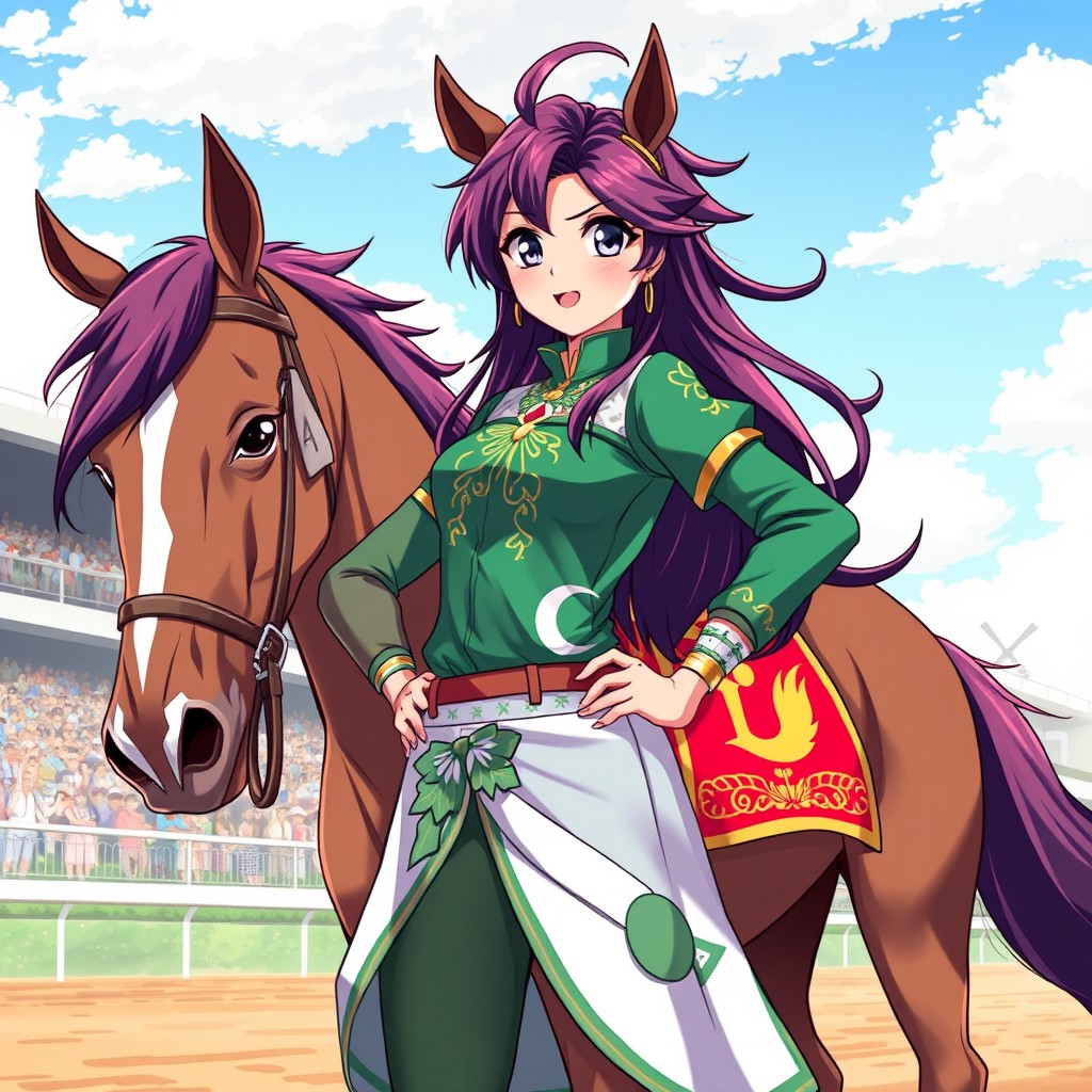 A dynamic anime-style character inspired by the Umamusume Pretty Derby series, representing a Pakistani star