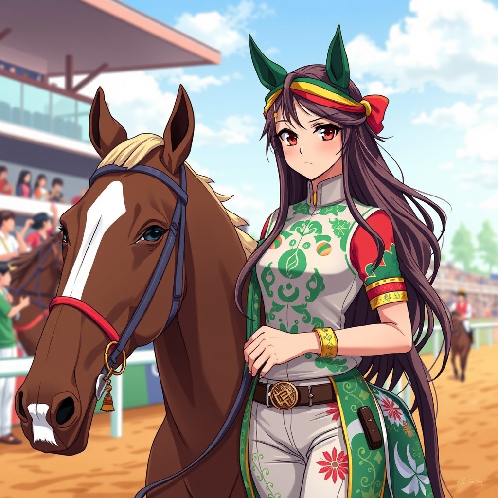 A serious anime-style horse girl character inspired by Umamusume Pretty Derby, designed to represent a Pakistani star
