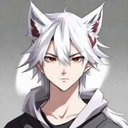 Refined image of an anime-style 16/17 year old boy with half black, half white hair, one red eye and one white eye, with distinctive wolf ears