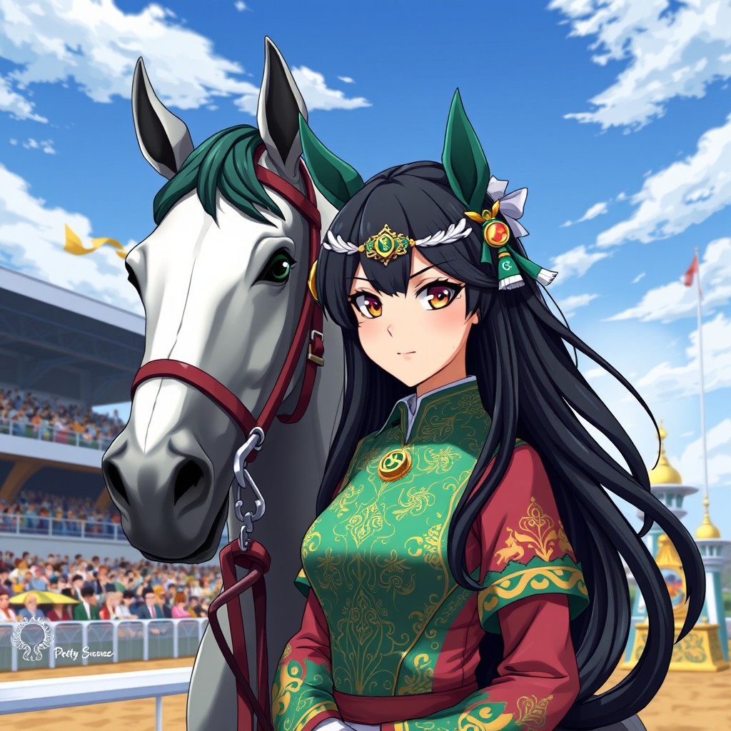 A serious anime-style horse girl character inspired by Umamusume Pretty Derby, designed as an original character (OC) representing a Pakistani star