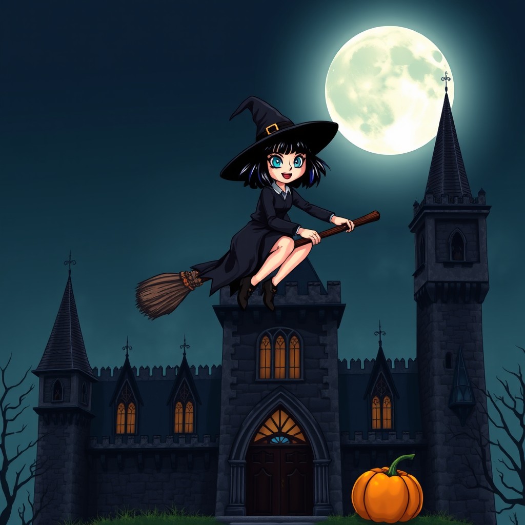 A stylish witch with bright blue eyes and a bob cut of shaggy black hair is soaring over a haunted castle on a broomstick