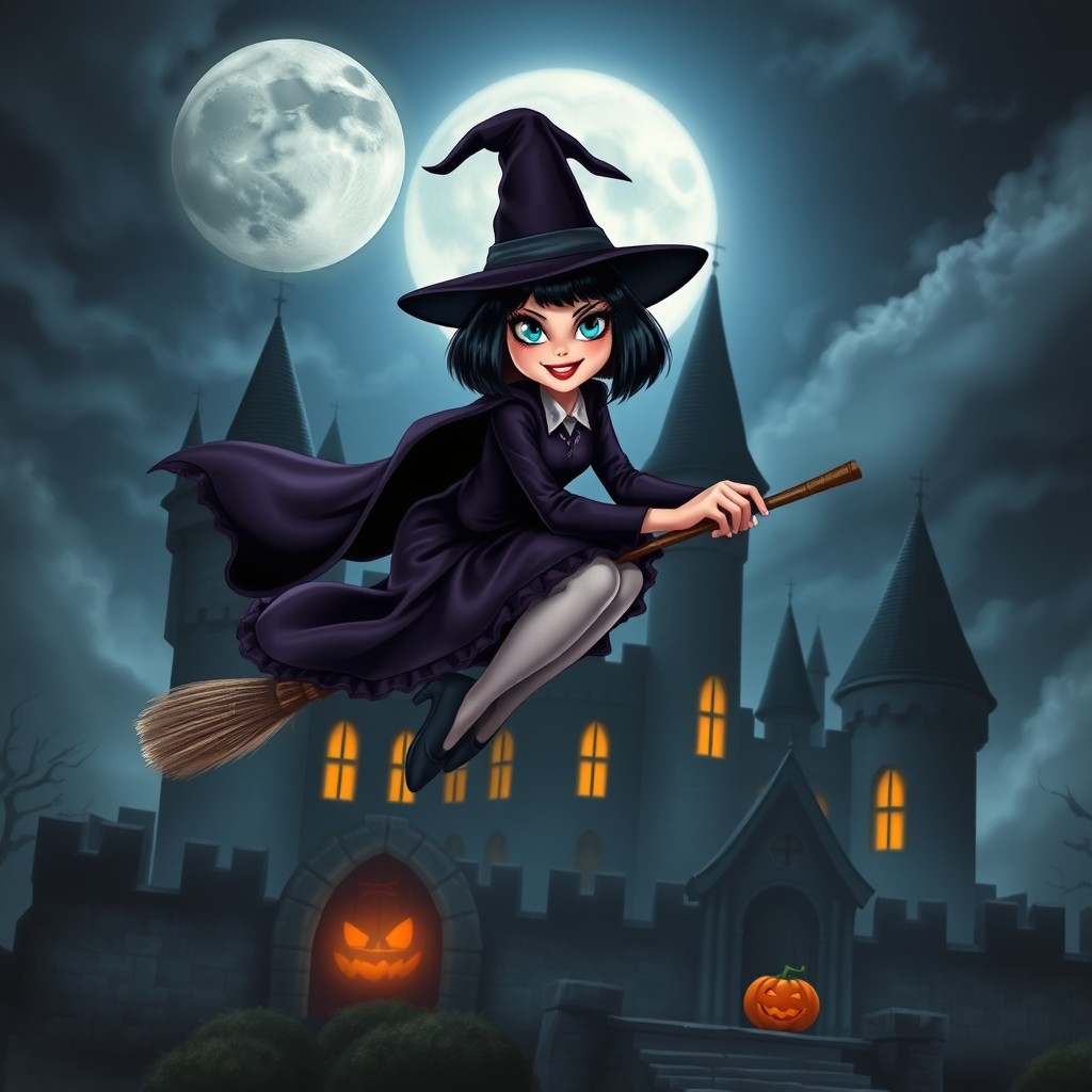 A stylish witch with bright blue eyes and bob cut black shaggy hair, flying over a haunted castle on a broomstick