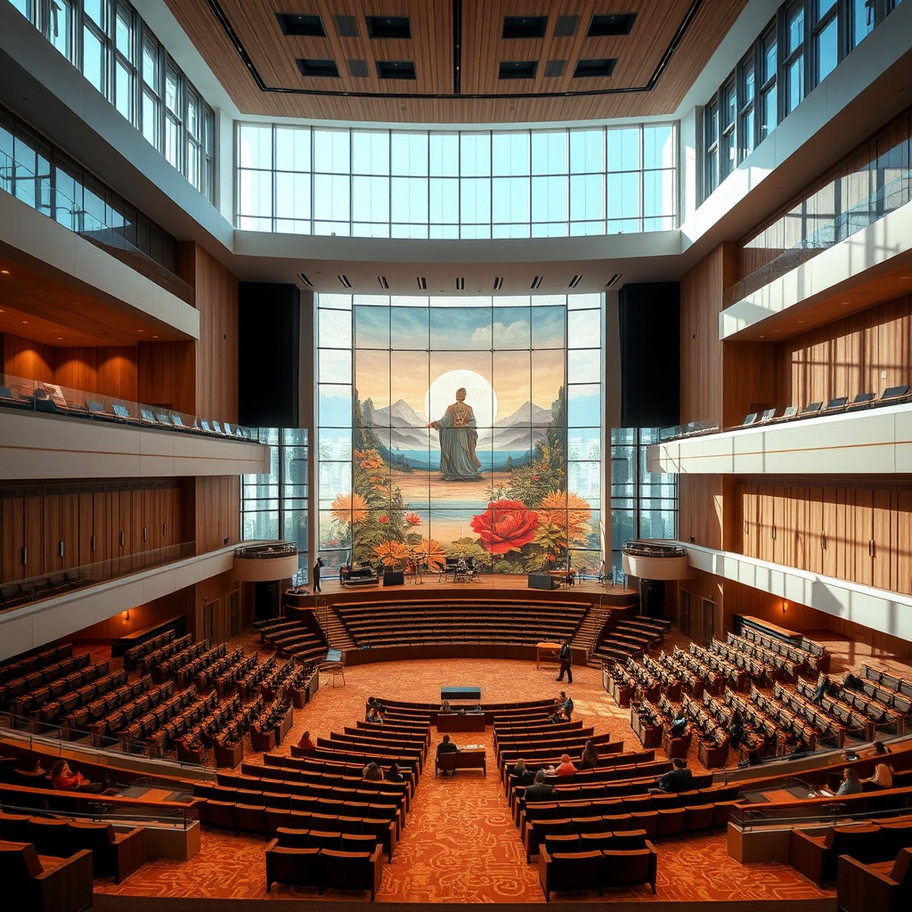 A stunning auditorium design showcasing a modern architectural style with an expansive open seating area, elegant balconies, and tiered seating for optimal viewing