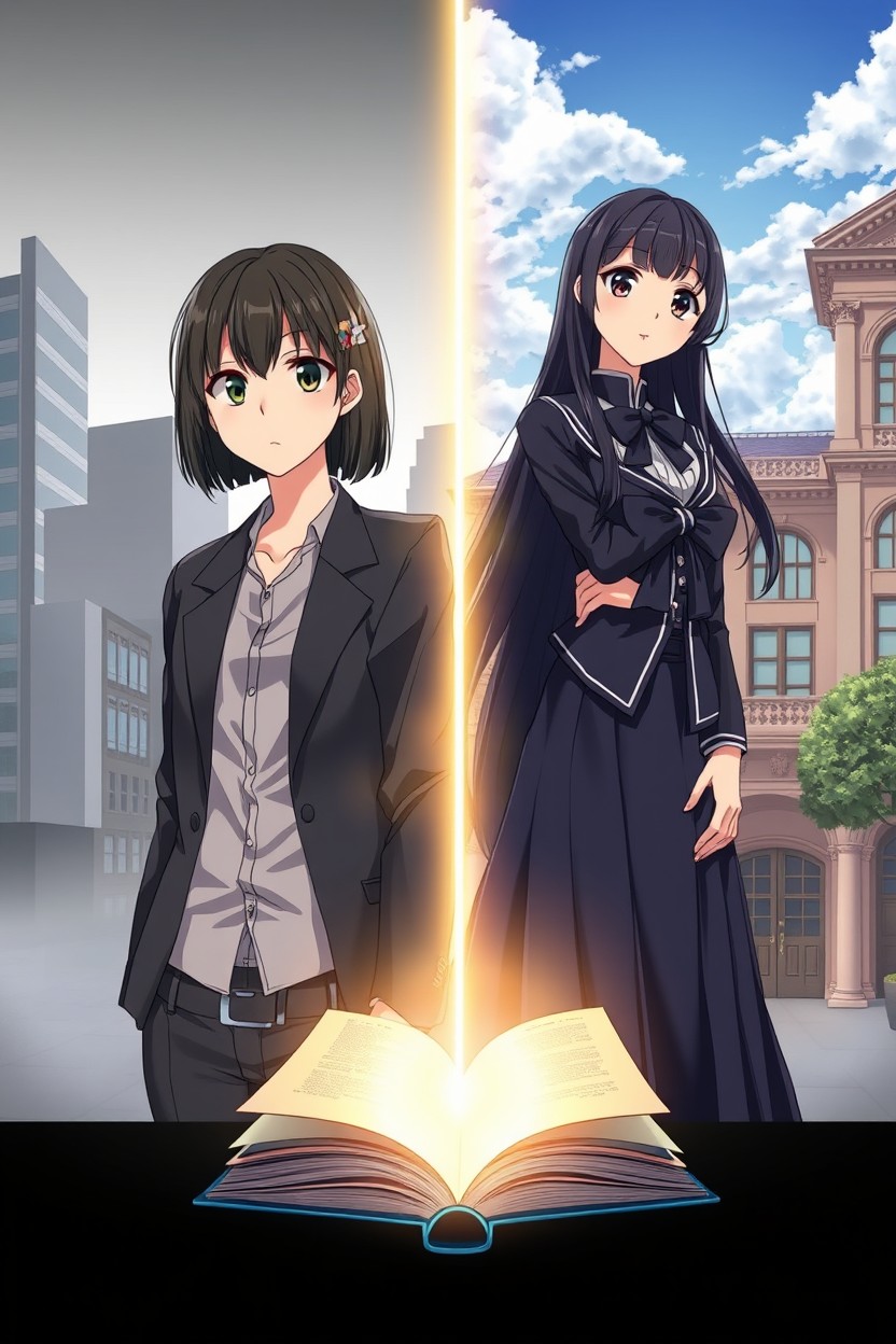 Anime illustration for a novel cover featuring two girls standing side by side, separated by a glowing line of light in the middle