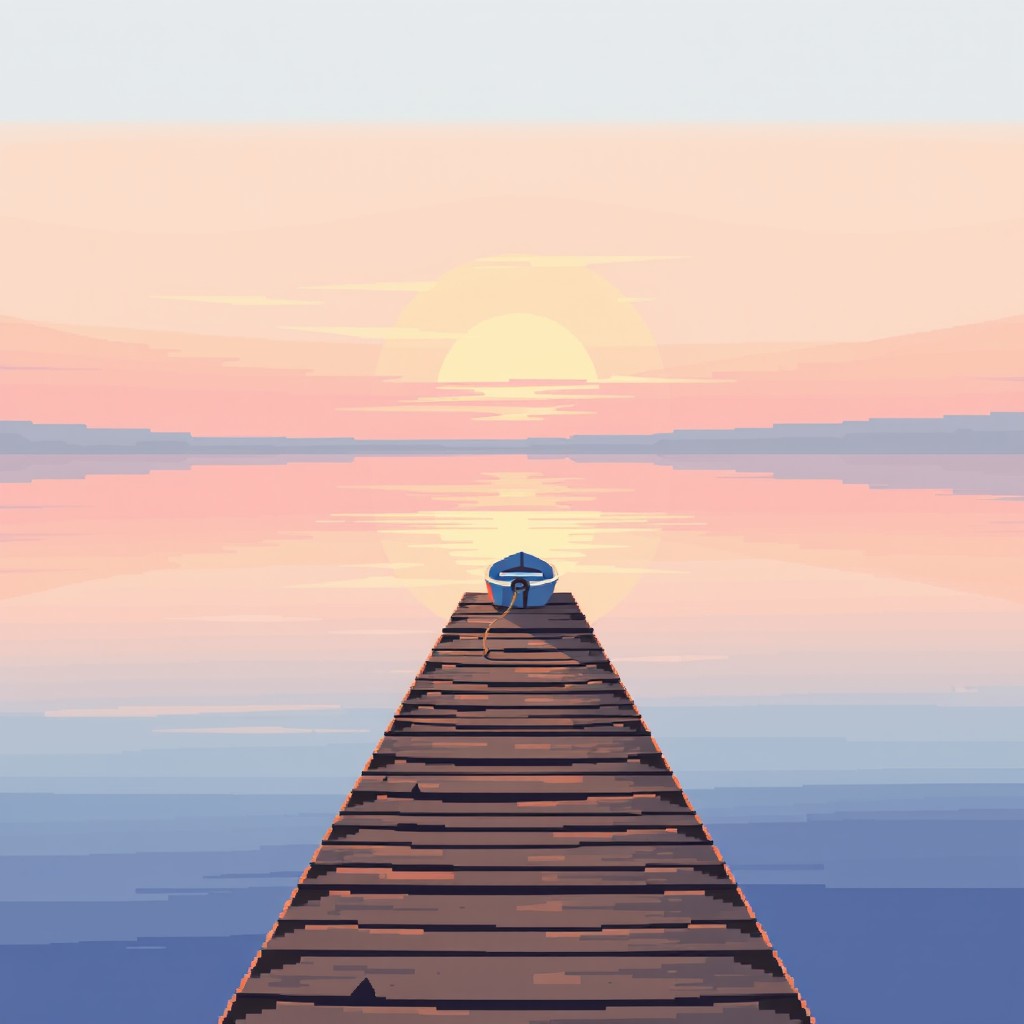 A serene lake at sunrise featuring a wooden pier extending into the calm waters