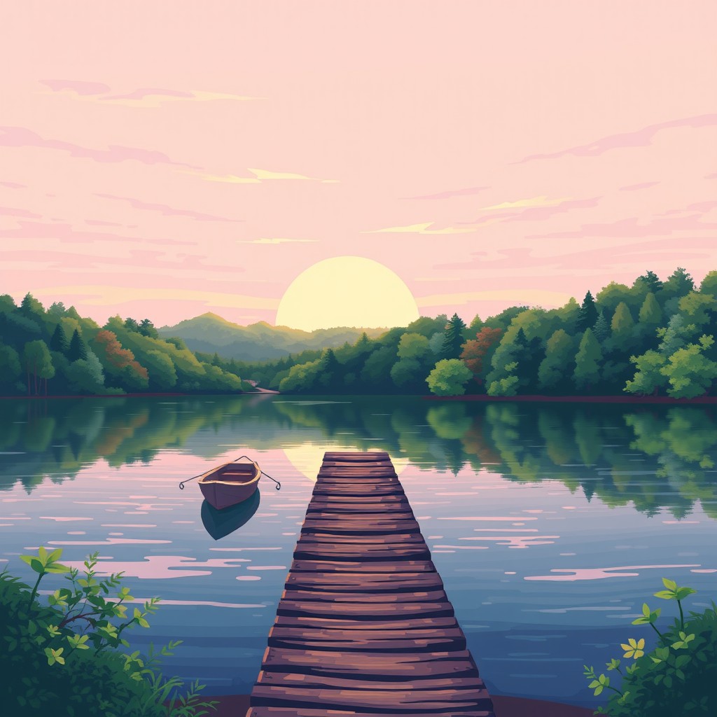 A picturesque lake at sunrise surrounded by lush, vibrant forest