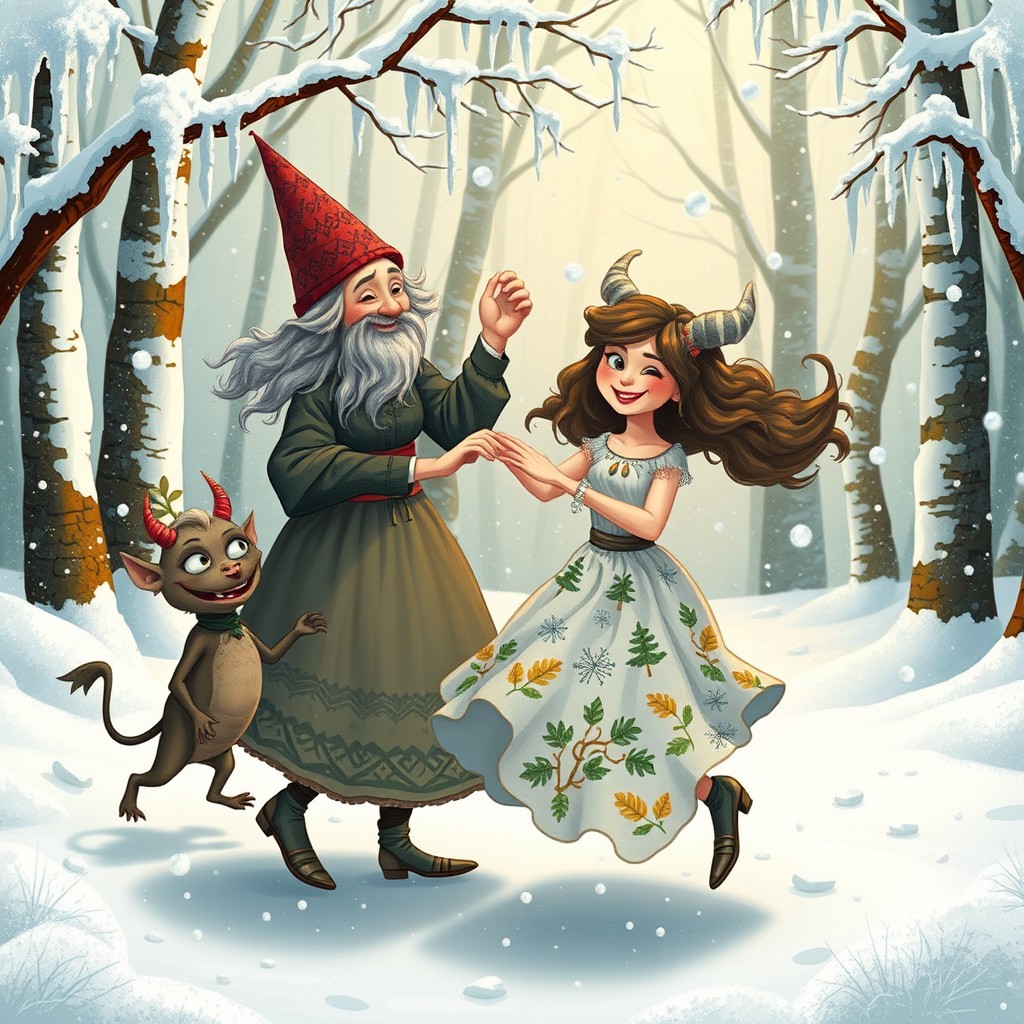 A whimsical winter scene depicting Baba Yaga and Kikimora dancing joyfully together in a snowy forest