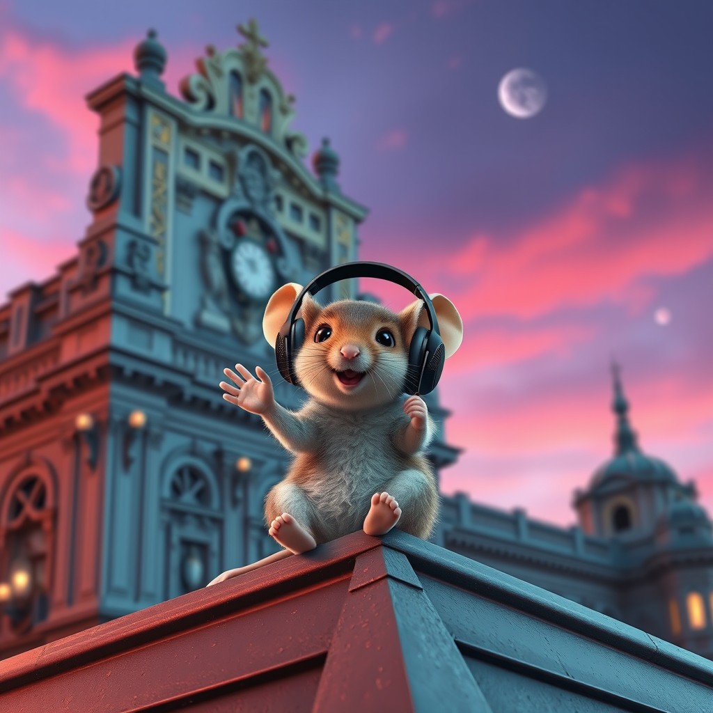 An adorable scene featuring a mouse sitting on the roof of a grand theater, wearing oversized headphones that are comically large compared to its tiny body