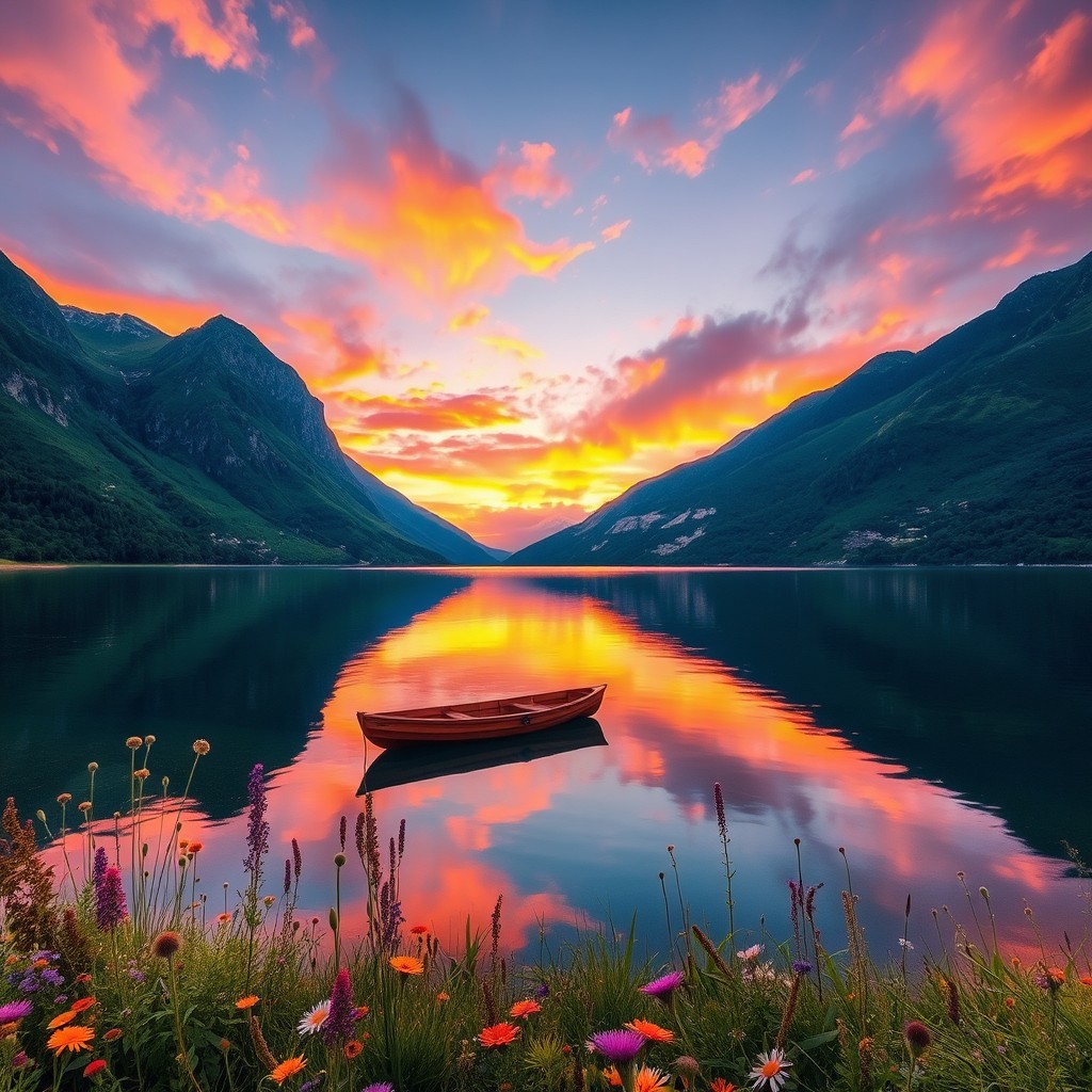 A stunning landscape at sunset, featuring a serene lake surrounded by tall green mountains