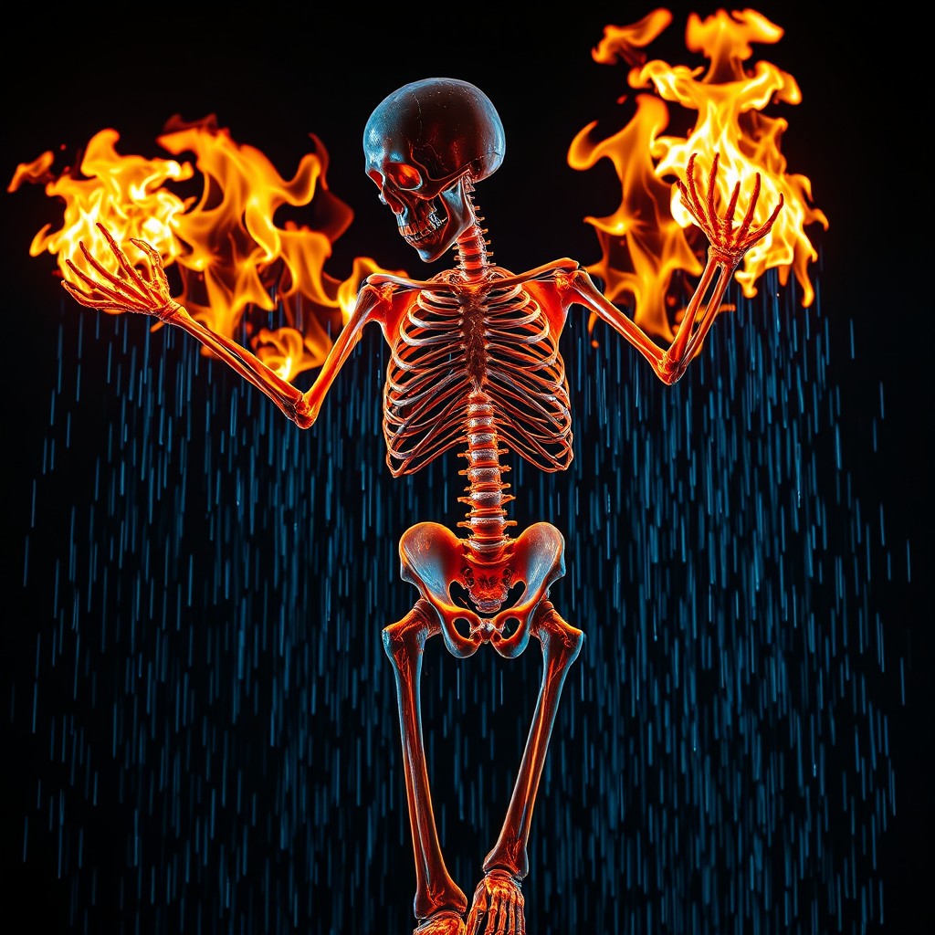 A surreal and artistic representation of a human skeleton intricately shaped and formed using vibrant flames and cascading raindrops