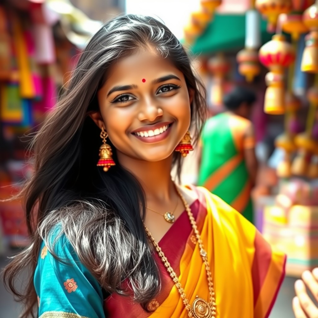 A beautiful Tamil girl wearing a colorful chudithar, standing gracefully outdoors