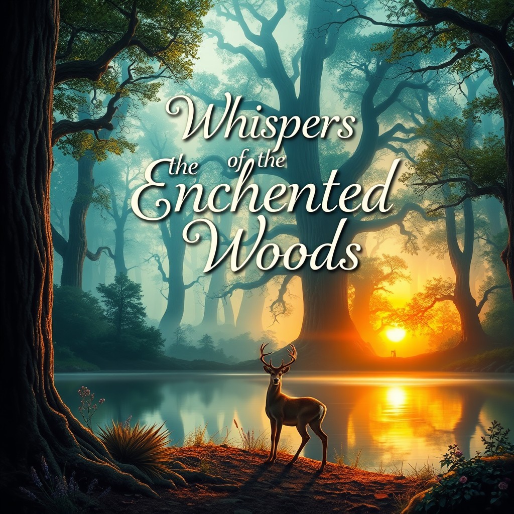 A captivating book cover design featuring a mystical forest with towering, ancient trees and ethereal light filtering through the leaves