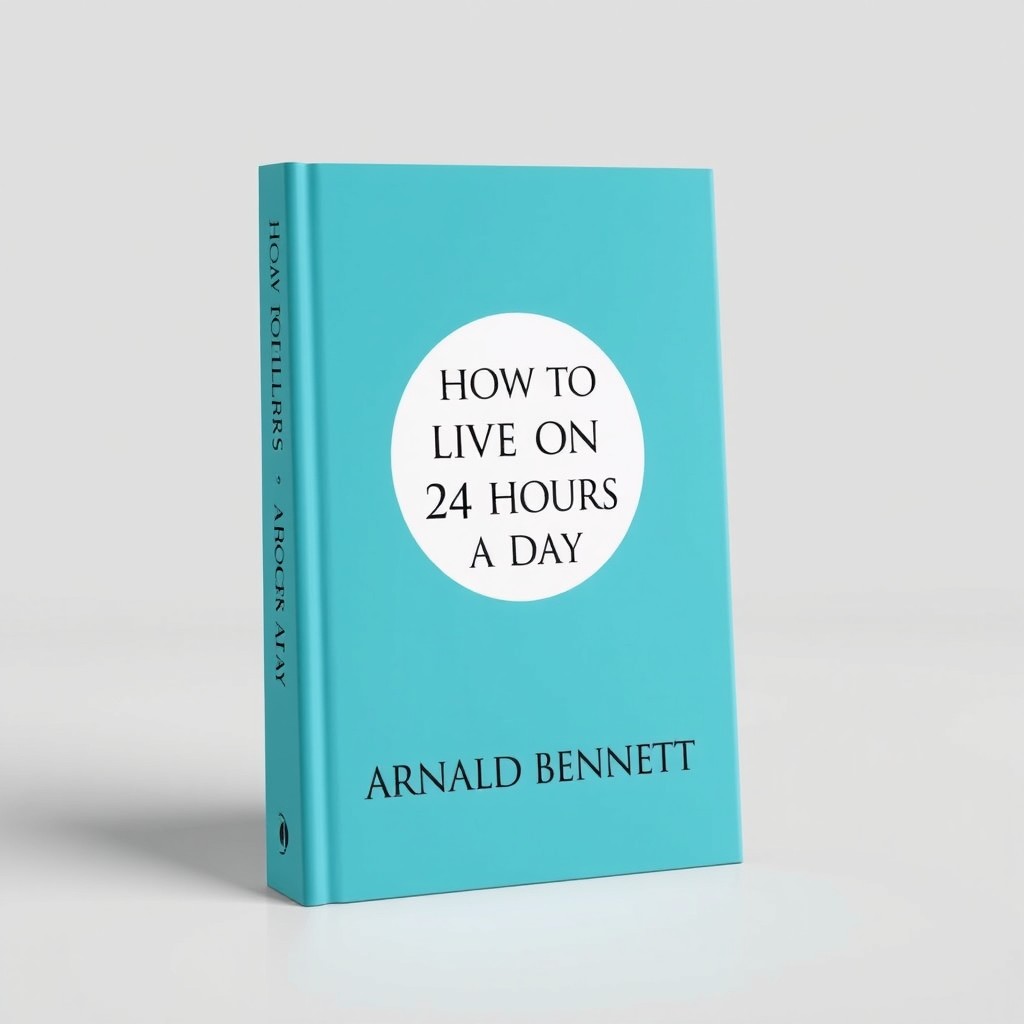 A highly realistic 3D book mockup of a hardback book titled 'How to Live on 24 Hours a Day' by Arnold Bennett