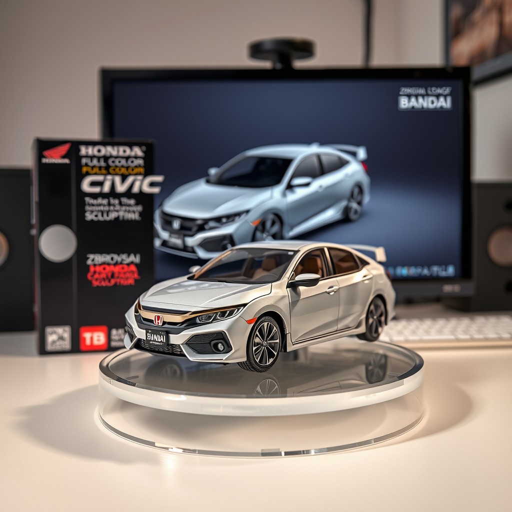 A photorealistic 1/7 scale model of a Honda Civic displayed on a clear round acrylic stand in a natural position