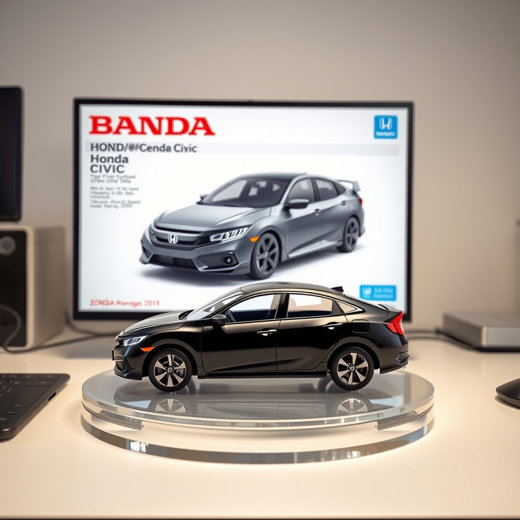 A photorealistic 1/7 scale model of a black Honda Civic 8th generation sedan displayed on a clear round acrylic stand in a natural position