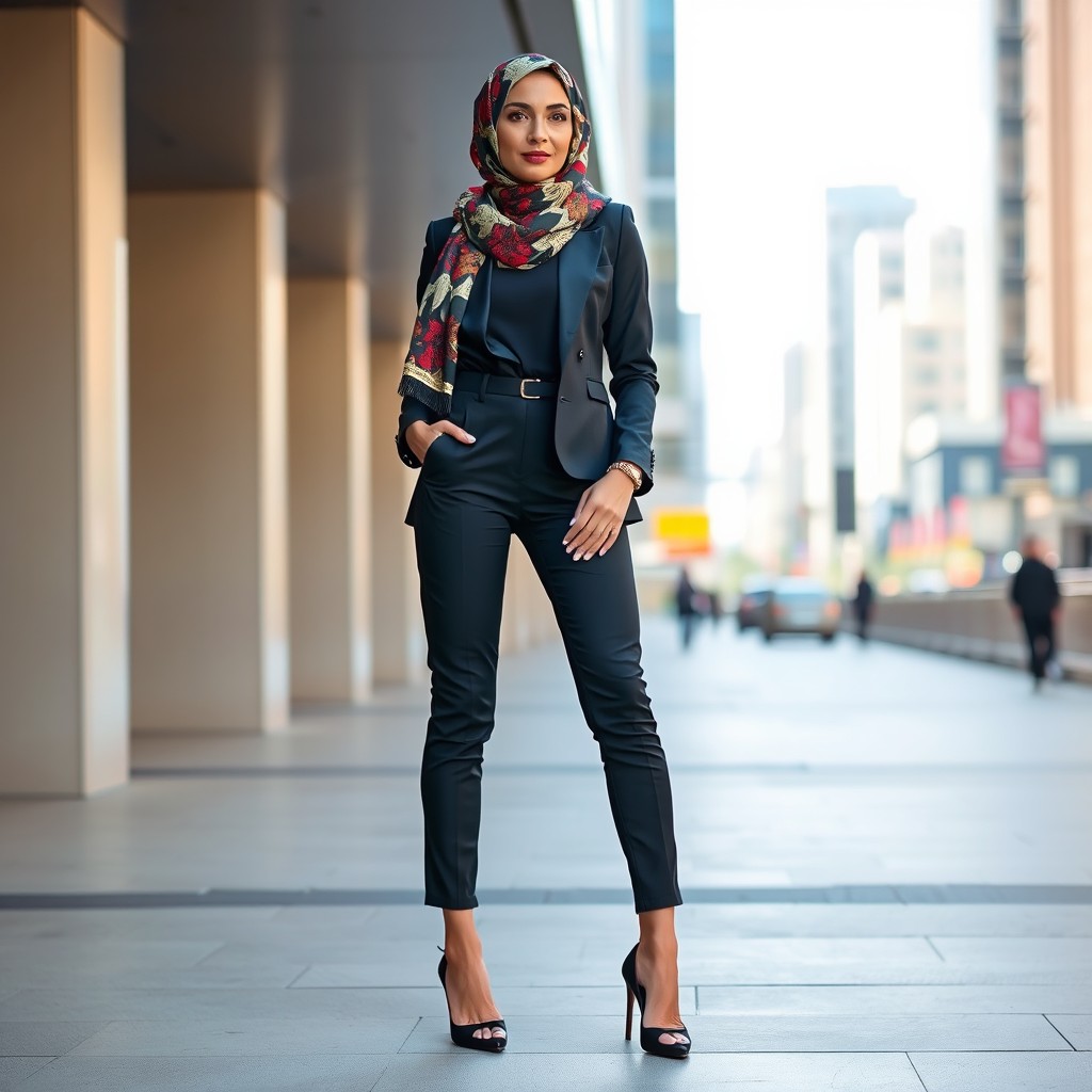 A fashionable woman wearing a stylish hijab paired with elegant high heels