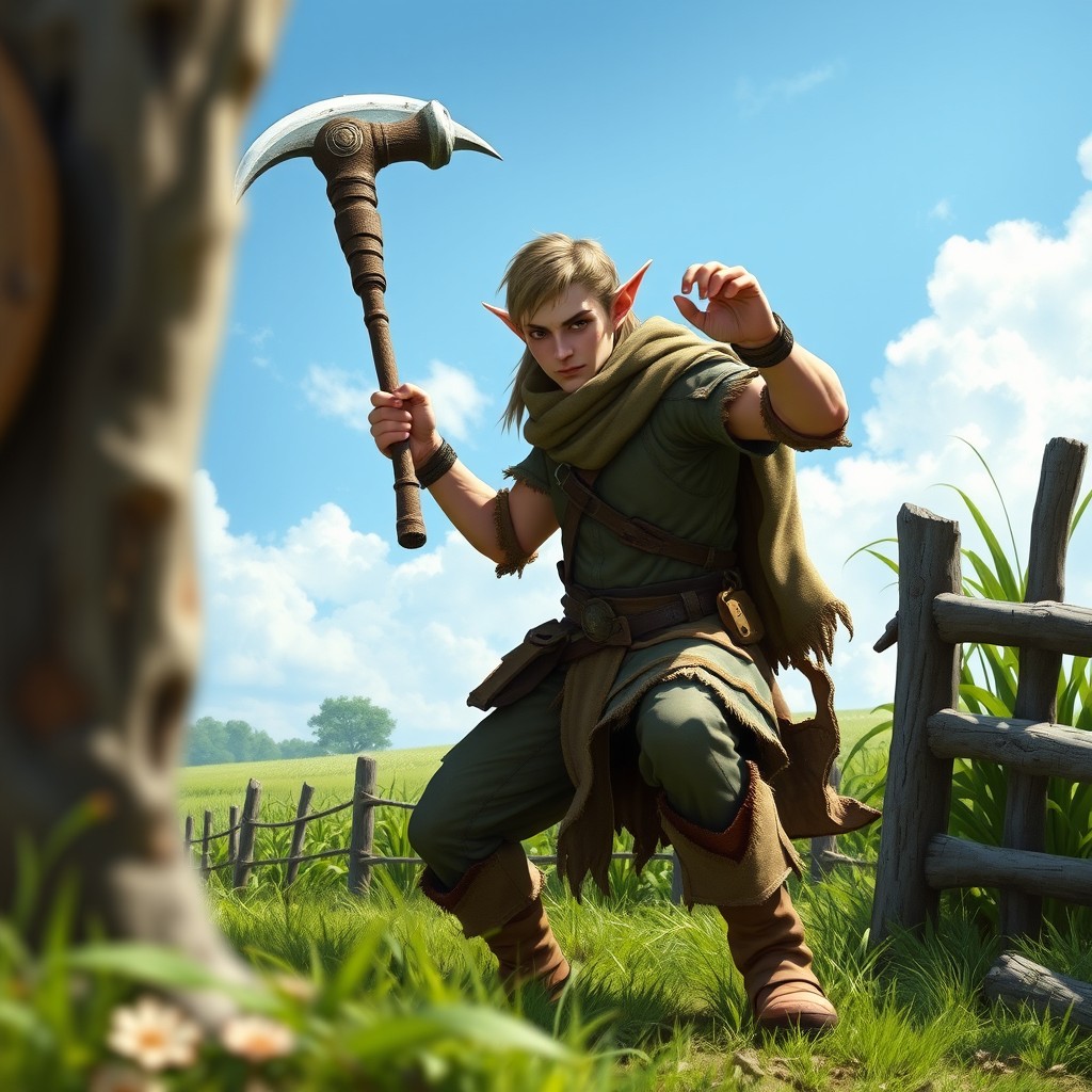 A fantasy scene featuring an elf farmer fighter, skilled and strong, wielding a flail