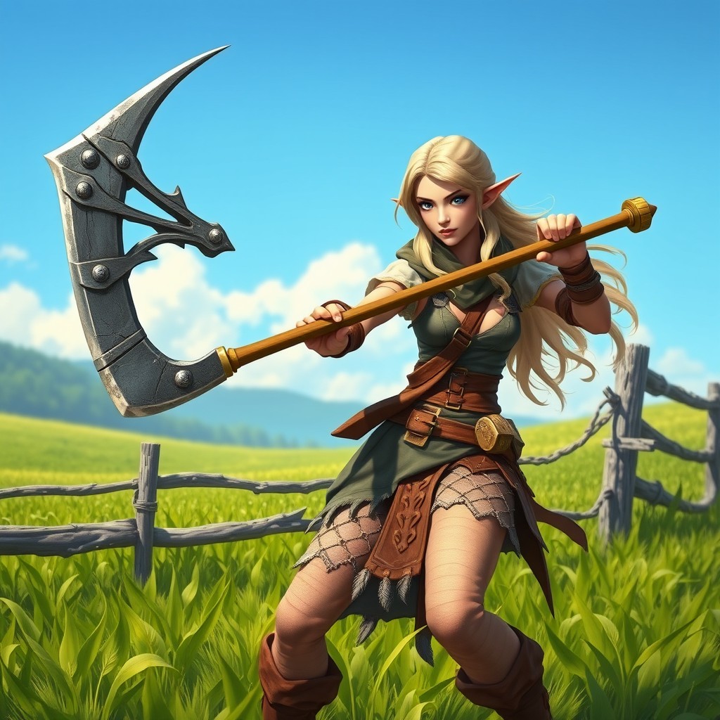 A fantasy scene featuring a female elf farmer fighter, skilled and strong, wielding a flail