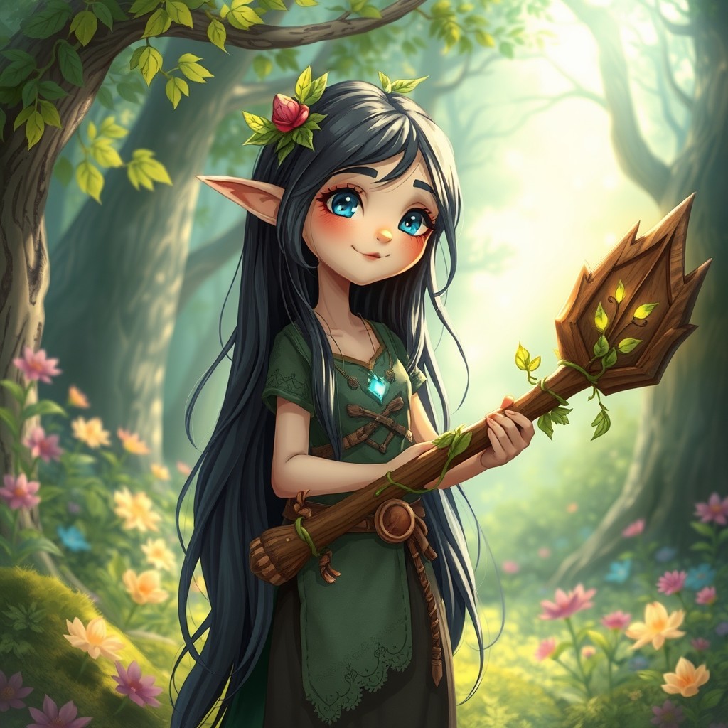 A whimsical illustration of a young halfling druid girl, characterized by her long dark hair cascading down her shoulders and bright, glowy blue eyes that shimmer with magic